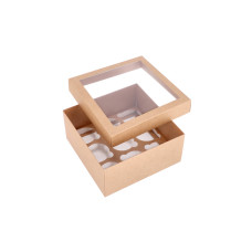 Cupcake box in two parts for 9 cupcakes with PVC window and custom-made insert 210x210x100 mm Brown (10-pack)